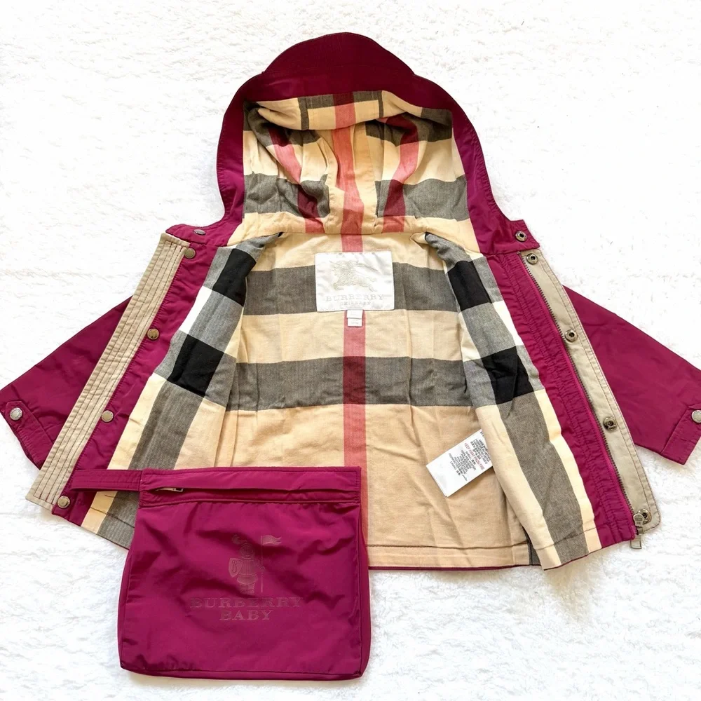 Burberry Baby Girls Jacket 12m Nova Check Berry Pink Hooded Kids Bag Foldable